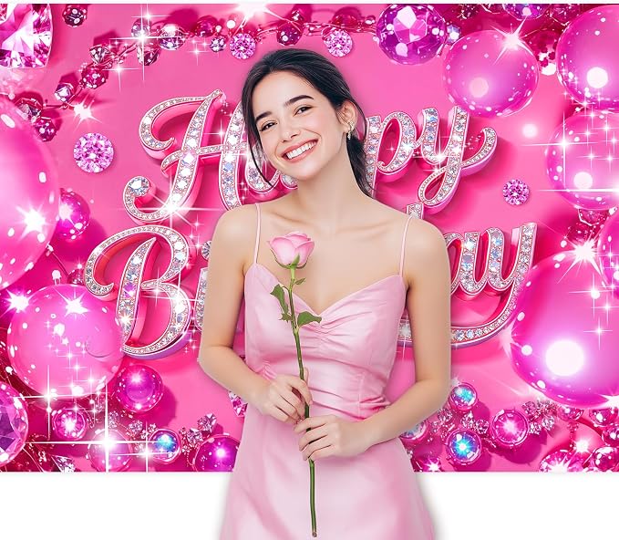 Happy Birthday Backdrop 7Wx5H Feet Polyester Fabric Bling Diamond Glitter Hot Pink Luxurious Crystal Ball for Princess Girl Decoration Modern Party Photography Background Photo Shoot Props