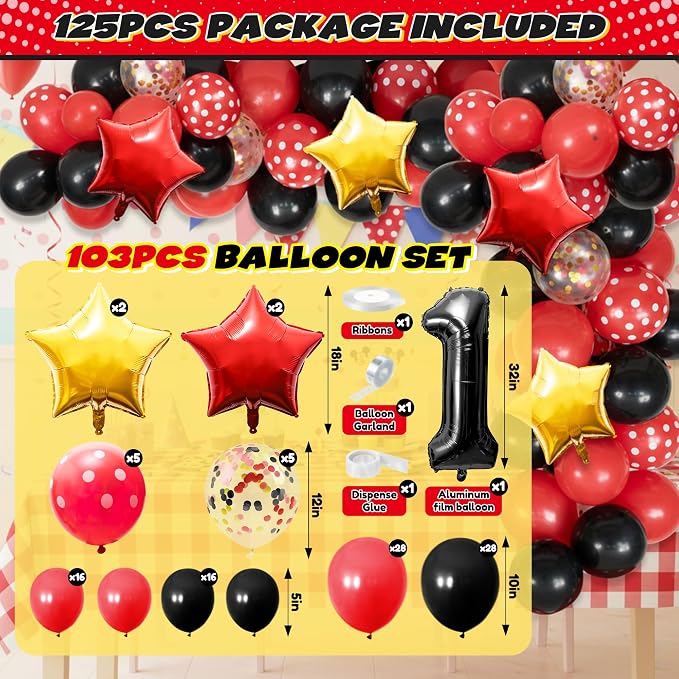 Mouse 1st Birthday Decorations for Baby - 1st Mouse Theme Party Supplies for Baby Shower Decoration Include Birthday Hat Cake Topper Backdrop Tablecloth Photo Banner Arch Balloon Boxes Poster