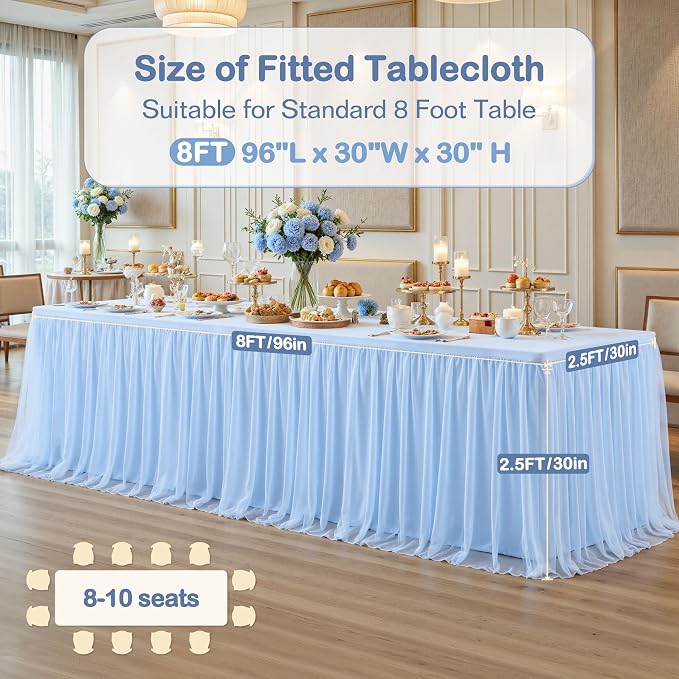 6 Pack Baby Blue Tulle Tablecloth Skirt for 8 Foot Rectangle Tables Baby Shower Tablecloths Blue Ruffle Tutu Table Skirt Stretch Fitted Table Covers for Wedding Birthday Party Banquet Reception