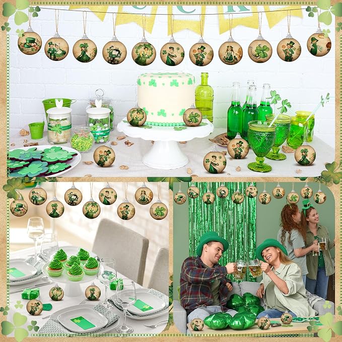 Outus 16 Pcs Vintage St. Patrick's Day Tree Ornaments Ball St. Patrick's Day Decorations for Tree Vintage Style Shamrock Luck Irish Hanging Ornaments Farmhouse Home Decoration Holiday Party Favors