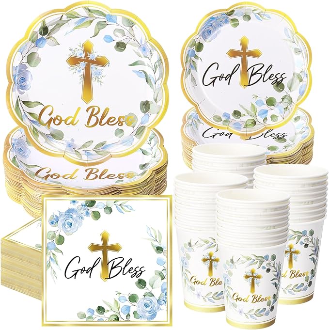 Ziliny 250 Pcs God Bless Baptism Party Tableware Set for 50 Guest First Holy Communion Decorations Blue Eucalyptus Leaves Paper Plates Napkins and Cups for Christening Baby Shower Religious
