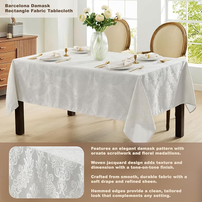 Newbridge Barcelona Luxury Damask Fabric Tablecloth, 70” Extra Wide x 168” Rectangle, White, 100% Polyester, No Iron, Soil Resistant Dining Room, Party and Banquet Table Cover