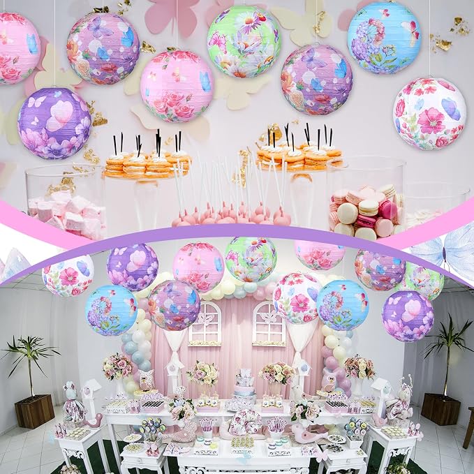 Panelee 12 Pcs Butterfly & Floral Theme Party Decorations Floral Hanging Paper Lanterns 8 Inches Round Flower Paper Lanterns for Summer Tea Party Ceiling Garden Wedding Bridal Decor Supplies