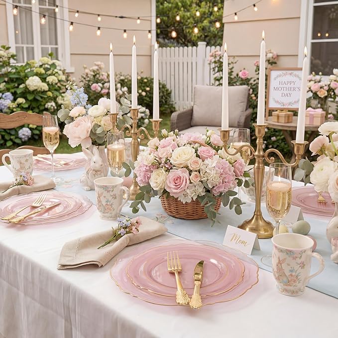 KIRE 210Pcs Clear Pink Plastic Plates with Gold Rim - Disposable Pink Plates for Party - 30 for Dinner 30 for Dessert 90 Silverware 30 Napkins 30Cups for Upscale Wedding/Party/Baby Shower/Mother's Day