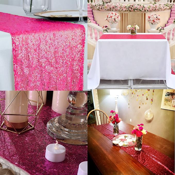 12 Packs Sequin Table Runner Hot Pink 12 X 108 Inch Glitter Dining Table Runner for Birthday Wedding Engagement Bridal Baby Shower Bachelorette Holiday Celebration Party Supplies Decorations