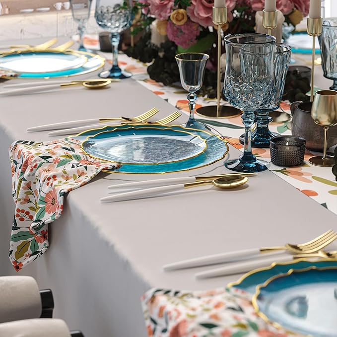 Exquisite Tinted Plates 80-Piece Plastic Disposable Party Set for 40 Guests - 40 X 7.5 Dessert Plates & 40 X 10 Thin Delicate Fancy Dinnerware with Peacock Gold Rim