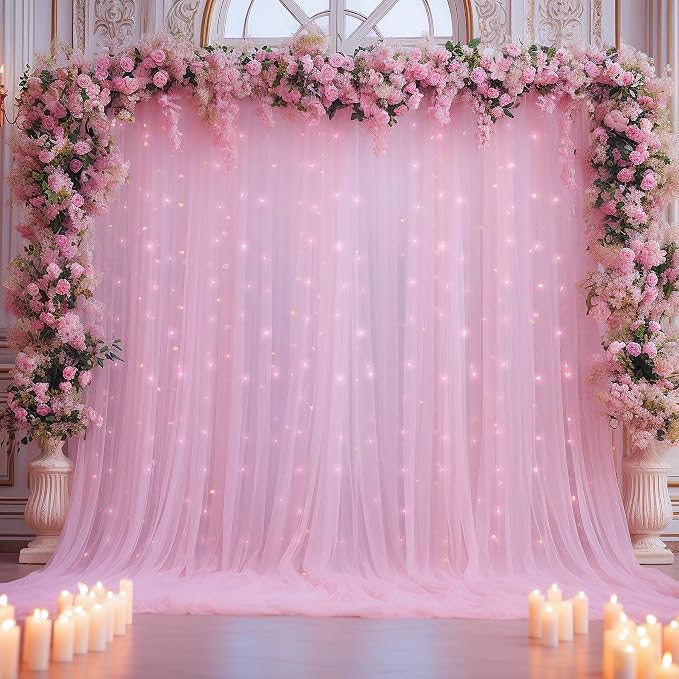 20ft X 10ft Baby Pink Tulle Backdrop Curtain for Parites, Sheer Photo Backdrop Curtains Fabric Drapes for Wedding Baby Shower Birthday Party Bridal Girl Shower Background Decorations