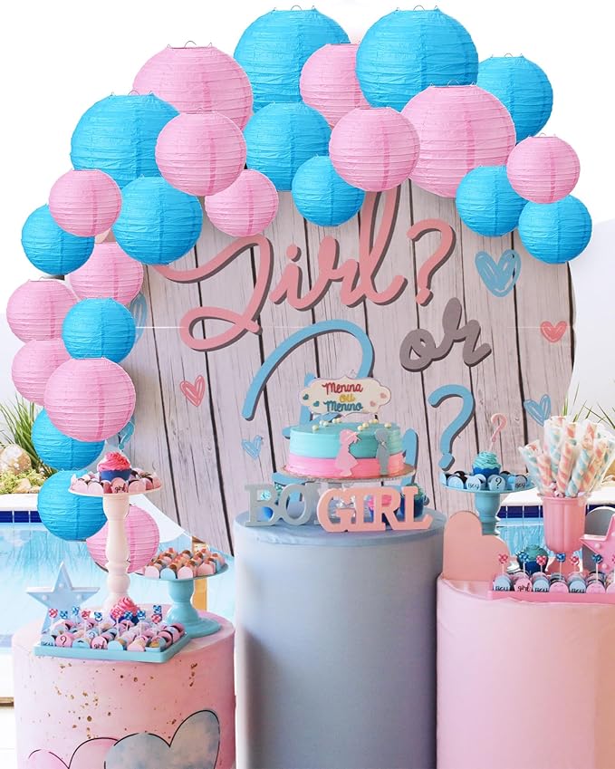 Treela 48 Pcs Paper Lanterns Party Decorations Chinese Round Paper Decor 4/6/8/10 Inch Asian Hanging Lamps Decorative for Graduate Wedding Birthday Party Bridal Parties Supplies(Pink and Blue)