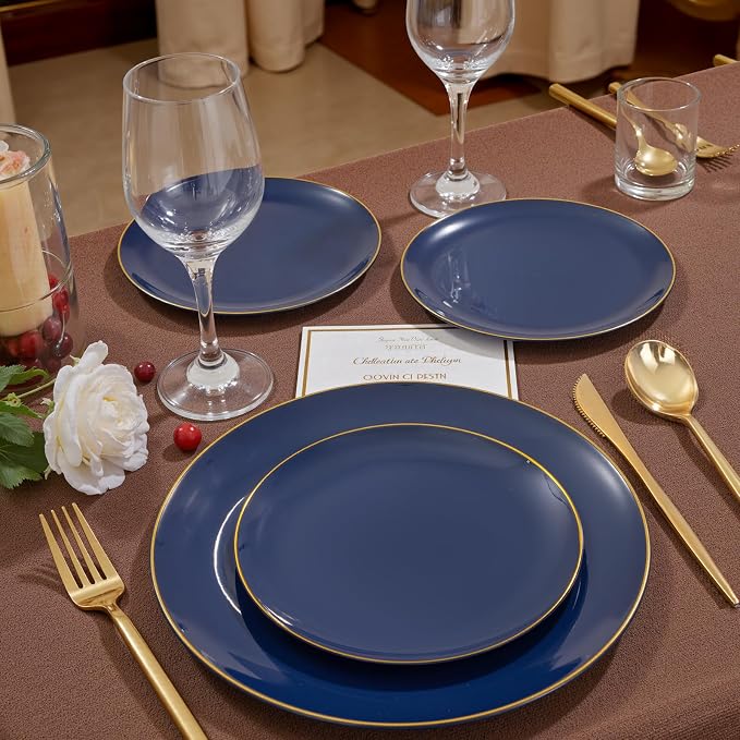 bUCLA 200PCS Blue Plastic Plates - Navy Blue Disposable with Gold Rim Include 100 Each (10 inch Dinner & 7 inch Dessert) Plates, Ideal for Party & 4th of July
