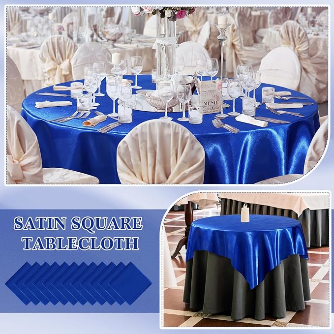 Newwiee 12 Pcs 72 Inch Satin Tablecloth Square Overlay Smooth Fabric Tablecloth Satin Table Cover Fabric Decoration Dining Cloths for Party Wedding Banquet Table Decoration(Royal Blue)