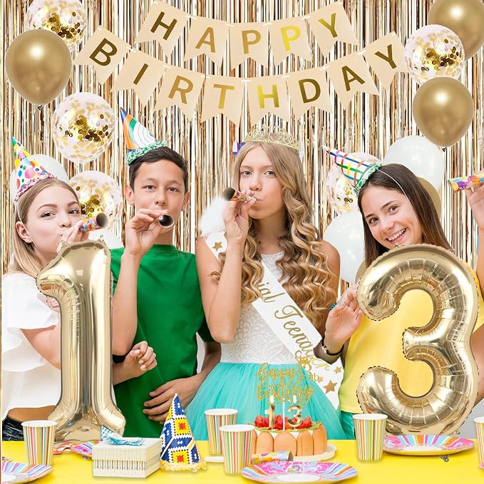 Trgowaul 13th Birthday Decorations for Girls, Banner, Sash and Crown, Cake Topper, 13 Number Balloon, Fringe Curtains, Champagne Gold 13 Birthday Party Supplies
