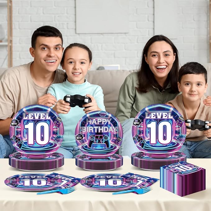 96Pcs 10th Birthday Video Game Party Decorations 10 Years Old Themed Tableware Purple Blue Plates Napkins Forks Level 10 Dinnerware Party Supplies for Kids Boys Gamer Gaming Birthday Serves 24 Guests
