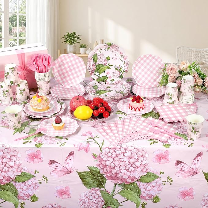 LemonRoad 128 Pcs Pink Gingham Hydrangea Party Decoration for 25, Pink and White Floral Checkered Paper Plates Napkins Cups Tablecloth Forks Banner for Bridal Baby Shower Birthday Tea Party Supply