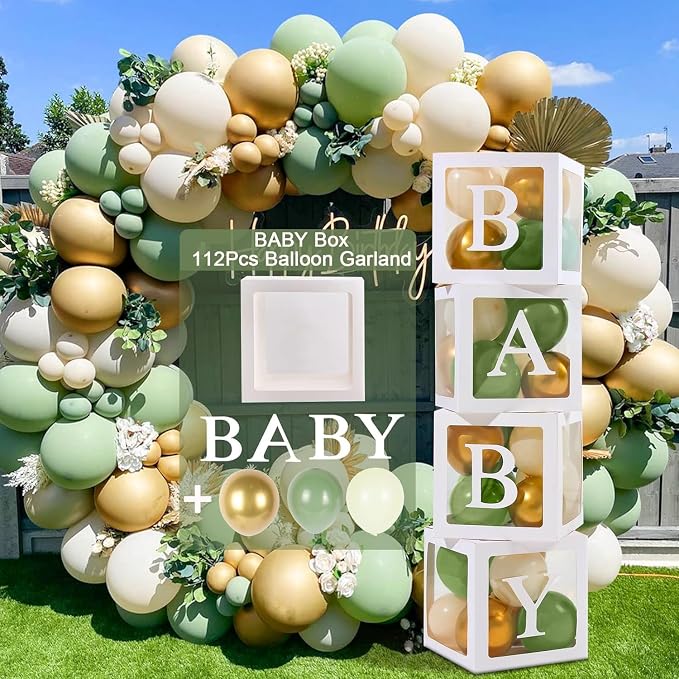 Sage Green Baby Shower Decorations Boy Girl - 4Pcs Baby Boxes with lettes and 112Pcs Green White Gold Balloons Arch Kit for Baby Shower Decorations, Dinosaur Jungle Safari Baptism Party Supplies