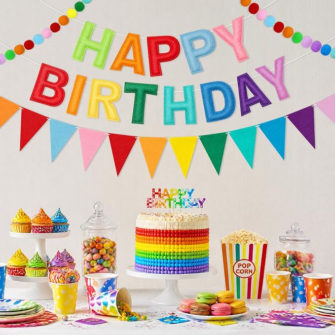 Happy Birthday Banner Set, Pre-Strung 3D Felt Birthday Banner with Pom Pom Garland and Triangle Bunting, Reusable Colorful Birthday Decorations for Party Backdrop Decor