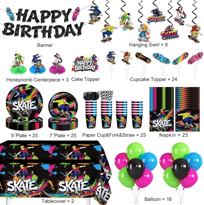 215Pcs Skateboard Birthday Party Decorations, All-in-One Party Supplies Includes Banner, Cake Cupcake Topper, Balloons, Plates and Napkins, Easy Setup Skate Party, Serves 25