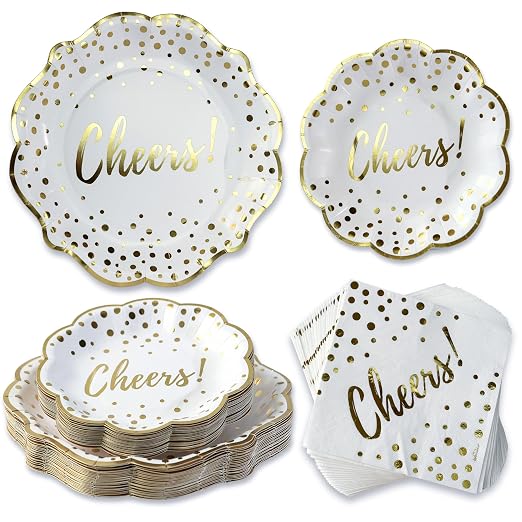 Kate Aspen 72pc Gold Foil Cheers & Dots Tableware Set Party Kit - 24pcs 7 inch & 9 inch Heavy Duty Disposable Party Plates, 24pcs 6.5 inch Durable Paper Napkins