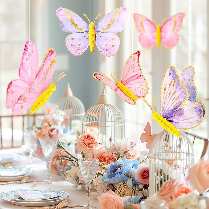 SUNBEAUTY 10 Pcs Butterfly Party Decorations 3D Butterfly Hanging Birthday Decoration Pink Purple Butterflies Honeycomb Decor for Girls Women Birthday Baby Shower Wedding Garden Party Supplies