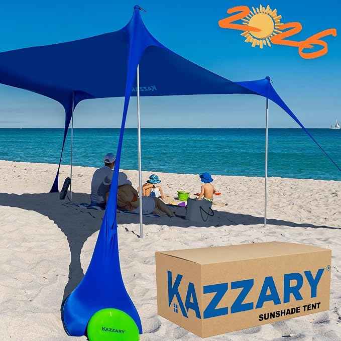 Beach Tent UPF50+ Sun Shade Canopy with Sandbags, 4 Stability Poles, Ground Pegs, Flying Disc Sand Shovel, Lightweight Sunshade Shelter, 7ft Tall for Outdoor Trips, Camping and Sports
