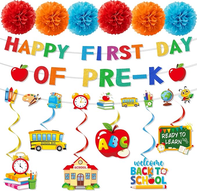 First Day of Pre-K Decorations - 15PCS First Day of Preschool Party Banners Hanging Swirls Paper Pompoms Decor, Back to School Classroom Decor Supplies