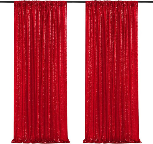 Red Sequin Backdrop Curtains-2 Panels 3FTx8FT Red Backdrop for Wedding, Glitter Party Decorations Background Drapes for Birthday Party Anniversary Graduation Photo Booth Decor