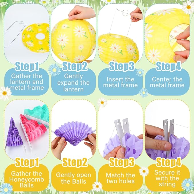 Baquler 18 Pcs Spring Daisy Party Decoration Pastel Flower Floral Hanging Paper Lantern Wild Fans Honeycomb Ball for Wedding Bridal Shower Party Ceiling Decor Supplies