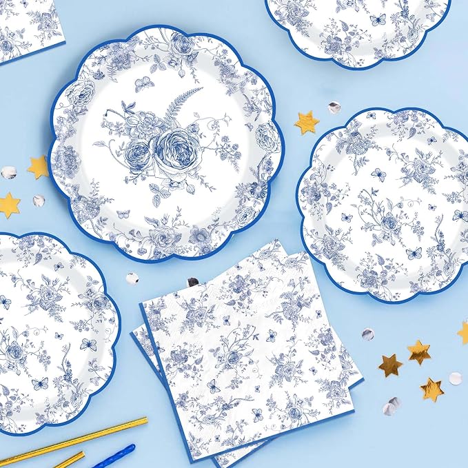 200Pcs Blue and White Floral Party Supplies Blue Floral Paper Plates and Napkins Disposable Vintage Flower Scalloped Tableware Set for Something Bridal Shower Decoration Wedding Tea Party Serve50