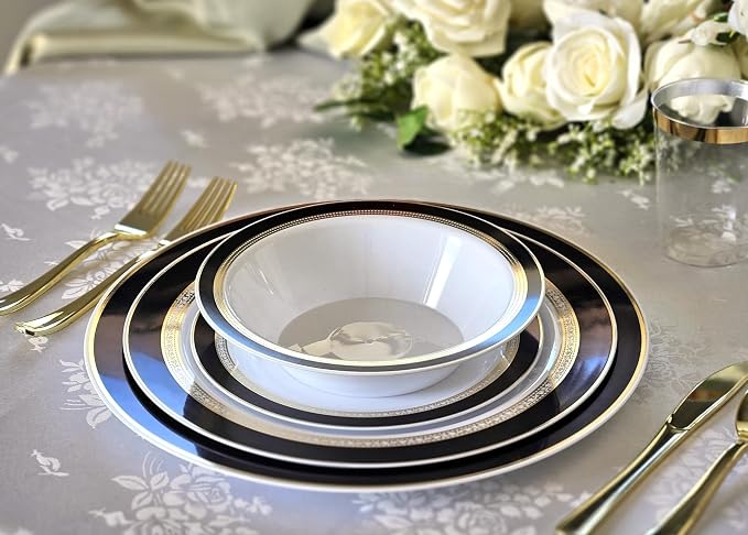 OCCASIONS 240 Fancy Black Gold Disposable Plastic Plates for 120 Guests, Heavy Duty Dinnerware, Looks Like Real China, Wedding Party, 10.5" Dinner + 7.5" Salad/Dessert, BPA-Free (Ritz Black and Gold)