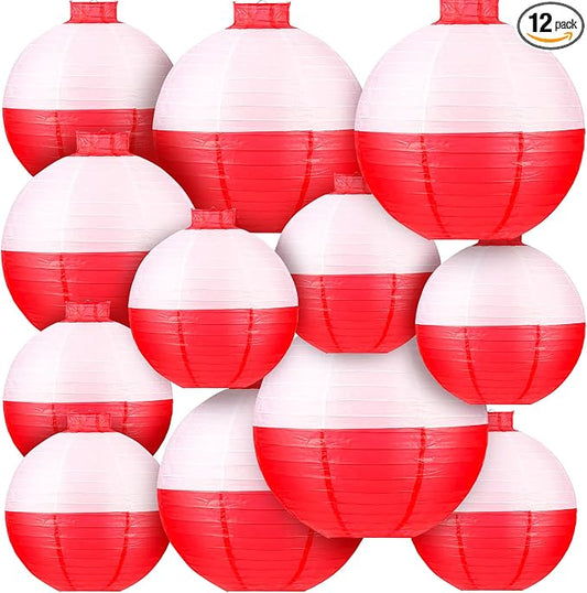 Fishing Bobber Paper Lanterns Round Decoration Lantern 12 PCS Red and White Hanging Paper Lanterns for Fishermen Theme Party Decoration Supplies Birthday Decor