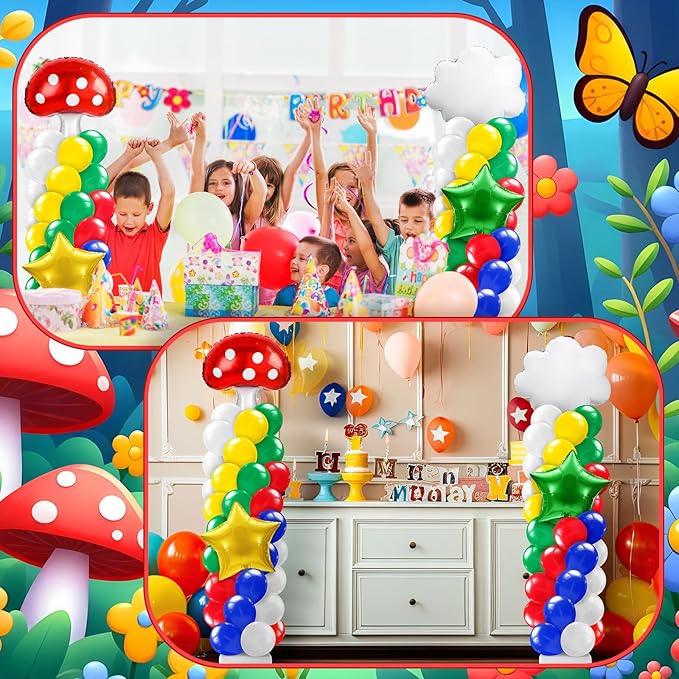 2 Sets Red Blue Green Yellow Balloon Column Stand Kit with Cloud Mushroom Star Coloful Balloons Arch Garland Kit for Cartoon Video Game Theme Birthday Party Supplies