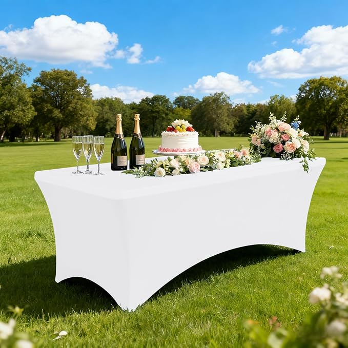 Moosfor Spandex Elastic Fitted 4FT Rectangle Tablecloth 6 Pack, Stretch Washable Reusable Table Cover for Outdoor Picnic, Dining, Wedding, Banquet & Party Events (White, 48Lx30Wx30H Inch)
