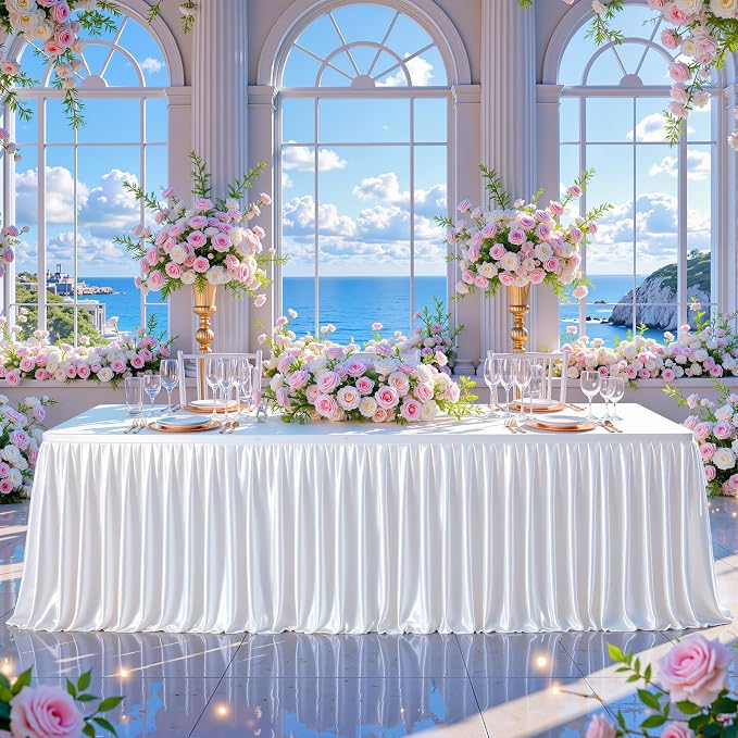 Wish Care 2 Pack Satin Table Cover Skirts for 6ft Rectangular Tables, White Shimmer Silk Tablecloth with Floor Length Ruffle for Wedding Banquet Party Buffet Decoration