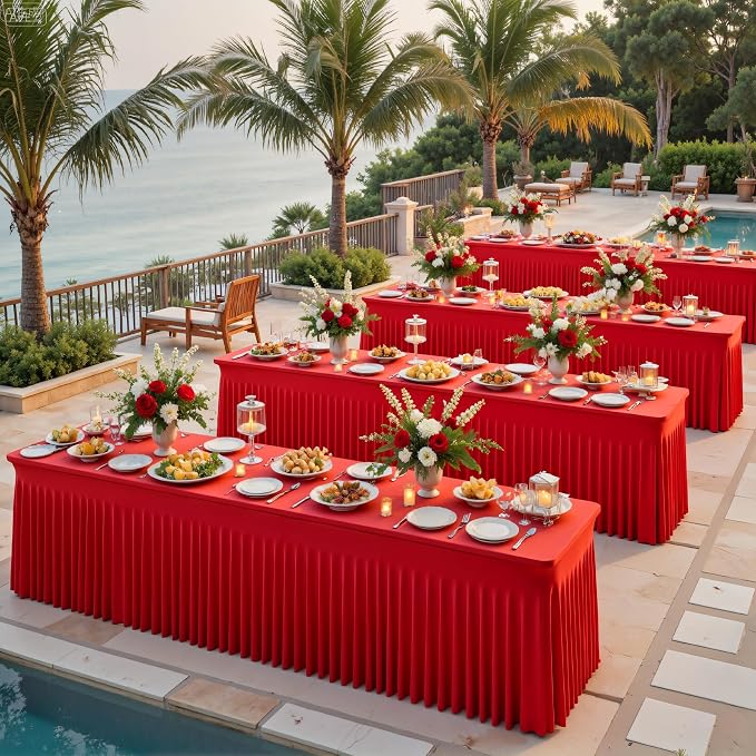 4 Pack Red Spandex Tablecloths for Rectangle Tables 8 Foot Red Stretch Table Cloth Rectangle 8ft Elastic Fitted Table Cover Fabric with Skirt for Wedding Graduation Birthday Party Banquet Buffet