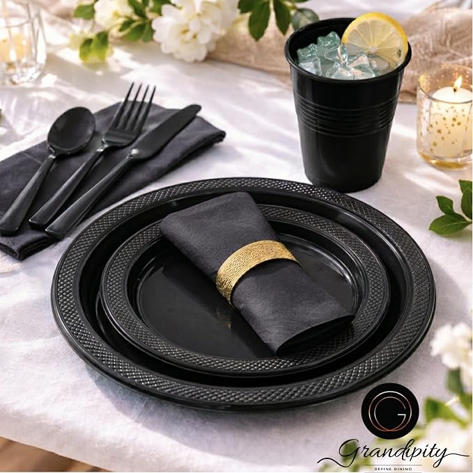 Grandipity 350 Piece Black Dinnerware Set, 50 Guests Plastic Party Plates, Cups, Napkins, Forks, Knives & Spoons