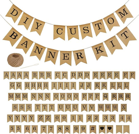 Pre-Printed Banner Kit – 97 BURLAP Flags with BLACK Letters, Numbers & Symbols, Reusable DIY Custom Banner, Make Your Own Personalized Party Banner, Faux Burlap, Includes Twine & 2 Needles