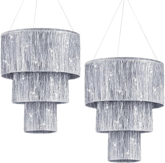 Rossesay 2 Piece 3 Tier Fringe Tinsel Chandelier Fringe Chandelier Decoration Birthday Bachelorette Party Decoration Iridescent Foil Shimmering for Wedding Home (Silver)