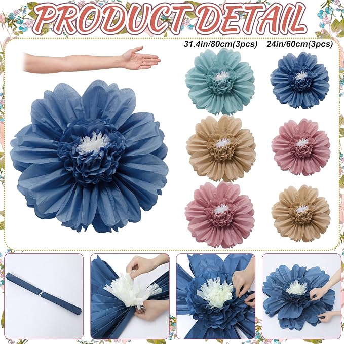 Giegxin 6 Pcs 31.5", 24" Boho Giant Paper Flowers Back to School Bulletin Board Decoration Large Pink Blue Classroom Tissue Flowers for Wall DIY Photo Backdrop Classroom First Day of School Party