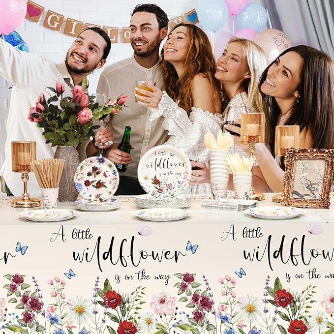 452 Pcs Wildflower Baby Shower Party Supplies for 50 Guest, Vintage a Little Wildflower Is on the Way Paper Plates Napkins Cups Tablecloth Cutlery Straws for Spring Summer Baby Shower Party Decoration