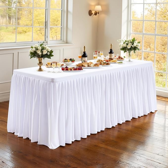 PARTISKY 2 Pack White Tablecloths for Rectangle Tables 4ft, Wrinkle Resistant White Table Cover Fitted Stretch Table Cloth with Pleated Ruffle Skirts for Party Banquet Dining Birthday Wedding