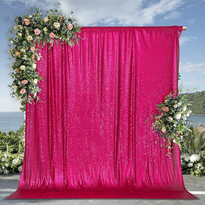 PartyDelight Hot Pink Sequin Backdrop 6x6ft 4 Inch Rod Pocket | Dense 3mm hot pink sequins on mesh backing with 4 inch rod pocket for full body photos ceremony arches party walls and stage