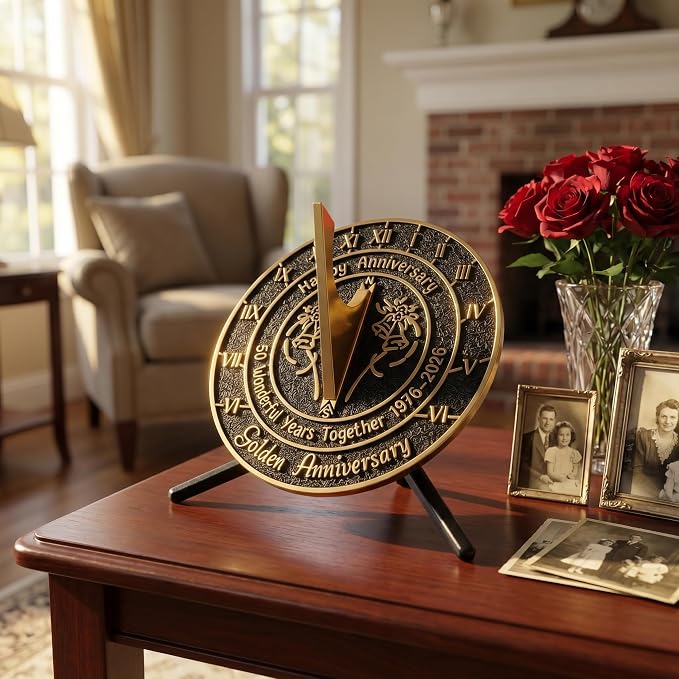 Brass Sundial with Pedestal for 50th Golden Wedding Anniversary (2026) - Elegant Home Decor or Garden Present for Him, Her, Parents, or Couples Celebrating 50 Years Together