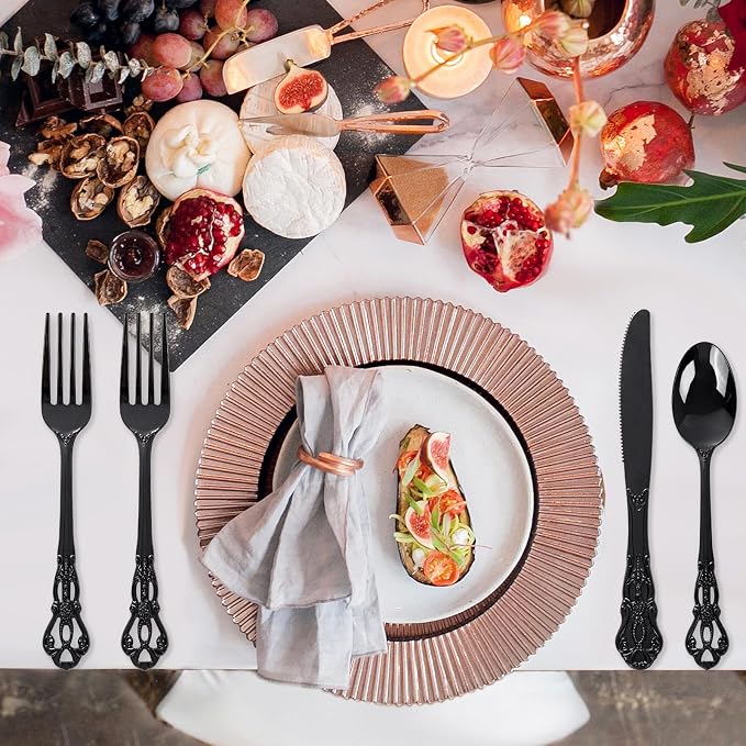 150PCS Black Plastic Silverware - Heavy Duty Disposable Cutlery Sets - Fancy Plastic Utensils Flatware Include 50 Forks, 50 Spoons, 50 Knives for Catering Dinners Wedding Party