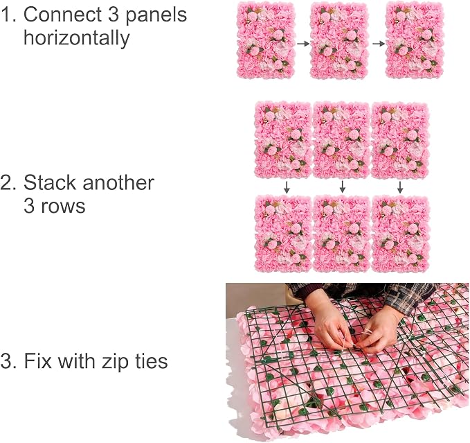 3D Flower Wall Backdrop - 6Pcs 16×24 Inch Artificial Rose Panels Pink Silk Floral Decor for Home Party Wedding Anniversary Birthday Photographic Studio Background & Decorative Fences