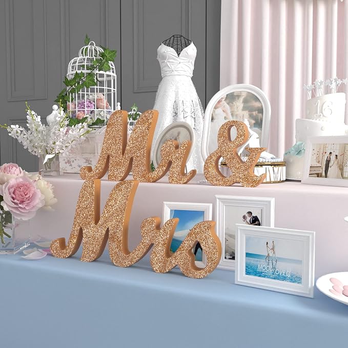 VIOPVERY Mr & Mrs Sign & Just Married Banner, Large Wooden Letters for Sweetheart Table, Photo Props Wedding Decorations for Anniversary, Rose Gold