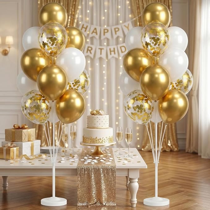 Balloon Column Kit Floor-Set of 2 with Gold Balloons-5FT Balloon Tower Stand Sticks with Water Base&Pole,Balloon Pillar Decoration for Anniversary Birthday Party,Baby Shower,Wedding,Bachelorette Party