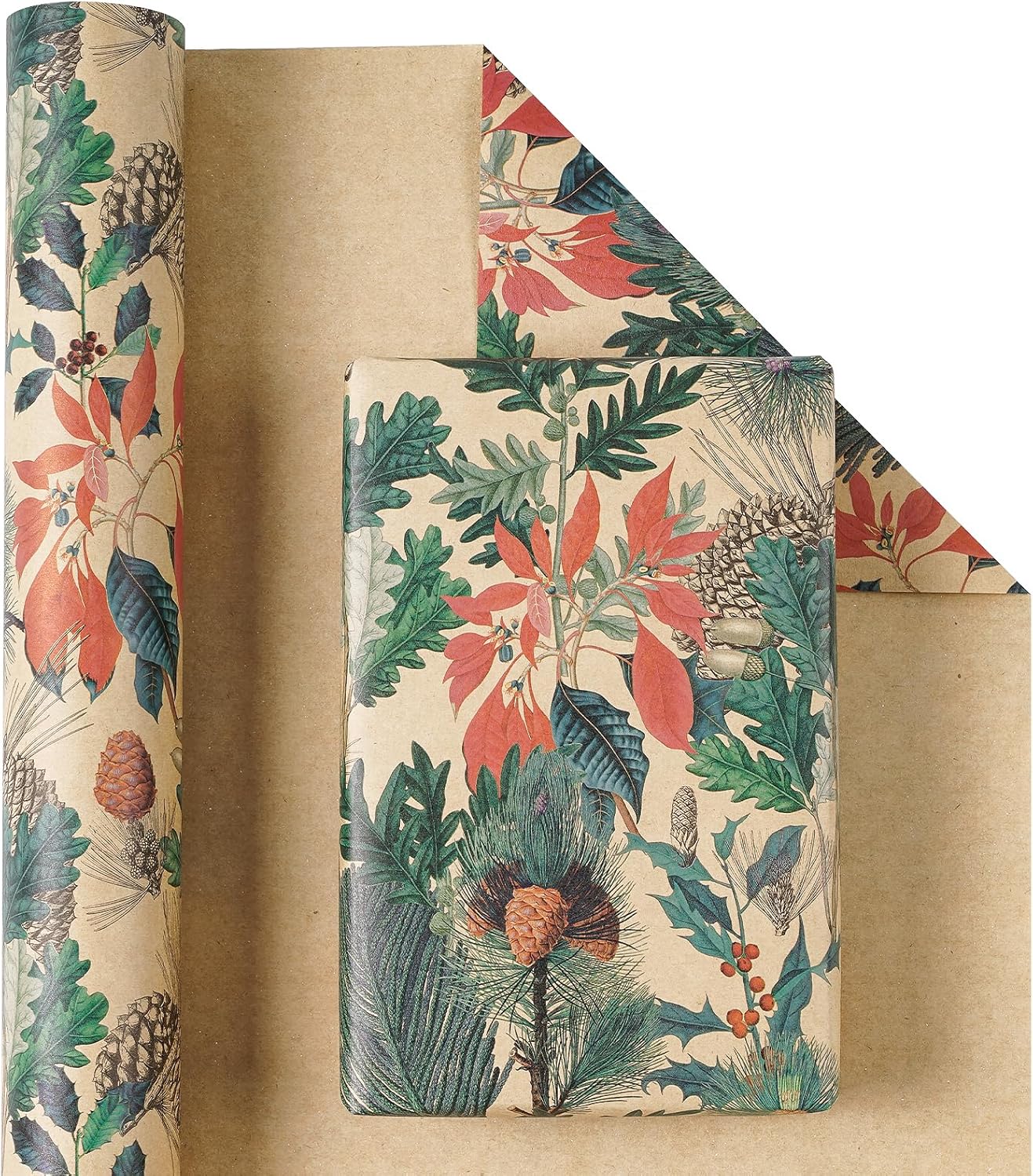 RUSPEPA Kraft Christmas Wrapping Paper Roll, Mini Roll, Watercolor Winter Botanical Design with Pinecones, Holly and Poinsettia, Kraft Gift Wrap for Xmas Holiday, Winter Party, 17 Inches x 16.4 Feet