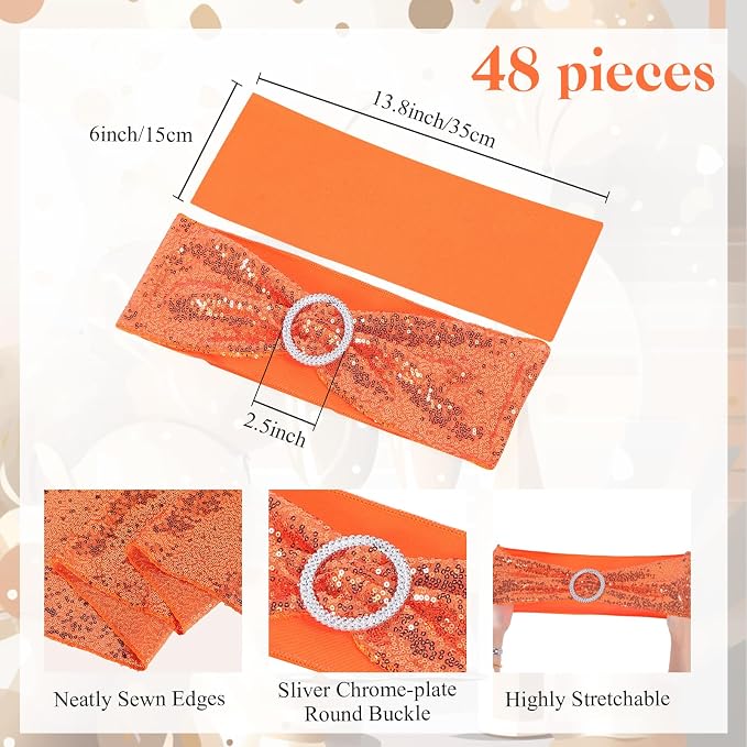 Newwiee Sequin Chair Sashes and Table Runners, Sequin Chair Bows, Glitter Table Runners for Birthday Party Wedding Banquet Holiday Decorations (Orange,54 Pcs)