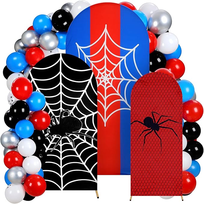 Foilswirl 34 Pcs Spider Birthday Party Decorations 3 Spider Web Arch Backdrop Covers (4/5/6ft) Web Spandex Arch Cover with 30 Red Blue and Black Silver Balloons for Birthday Party Photo Props Decor