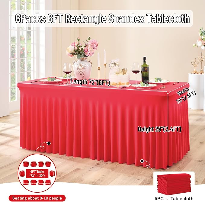 Outpain 6ft Spandex Polyester Blend Tablecloth for Standard Folding Tables - 6 Pack Red Table Protector for Party, Wedding, Banquet, Festival