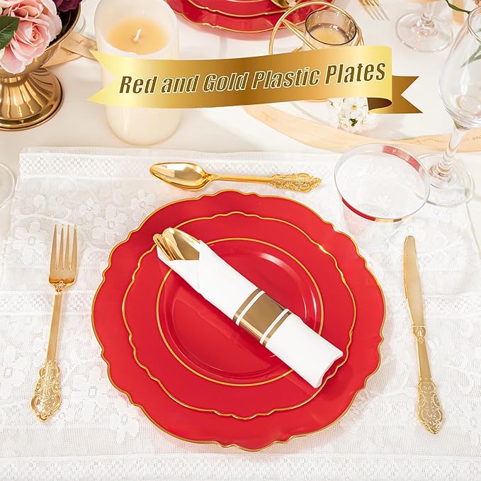 Liacere 175PCS Red Plastic Plates - Red Disposable Plates With Gold Rim -25Guest Baroque Plastic Dinnerware include 50Plates-25Pack Pre Rolled Napkins with Silverware 25Cups for Wedding & Mothers Day